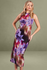 Multi Floral Bodycon Dress Round Neck Sleeveless Mesh