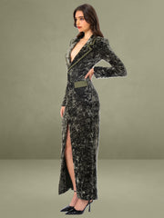 Willow Green Glossy Velvet High Slit Blazer Gown