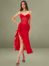 Dahlina Red Ruched Waist High Slit Maxi Dress