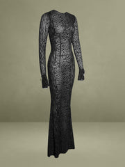 Waylynn Black Animal Print Burnout Velvet Detail Mesh Backless Maxi Dress