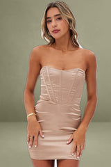 Beige Mini Dress Strapless Corset Detail Satin