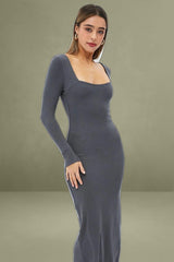 Grey Midi Dress Long Sleeve Bodycon Ribbed