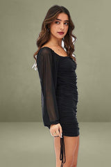 Black Bodycon Dress Balloon Sleeve Side Ruched Mini