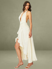 Floral Ivory Ruffled Halter Maxi Dress