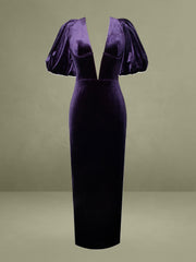 Purple Velvet Bubble Sleeve Backless Maxi Dress