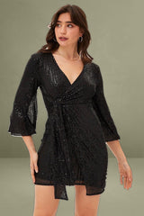 Black Sequin Ruffle Wrap Party Mini Dress