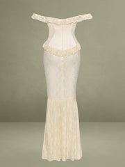 Ersilia Pale Yellow Satin Lace Peplum Corset Off Shoulder Maxi Dress