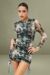 Multi Print Bodycon Dress Ruched Side Long Sleeve Mini