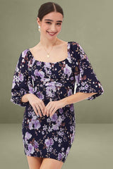 Print Shirred Dress Long Sleeve Mini