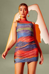 Blue Abstract Landscape Print Mesh Dress