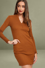 Brown Bodycon Dress Long Sleeve Mini