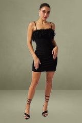 Black Faux Feather Trim Bodycon Strappy Mini Dress