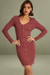 Brown Button Front Bodycon Dress