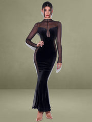 Paislee Black Velvet Mesh Long Sleeve Gown