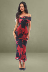 Black Floral One-Shoulder Mesh Bodycon Dress