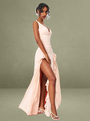 Baby Pink Ruched Waist Double High Slit Maxi Dress