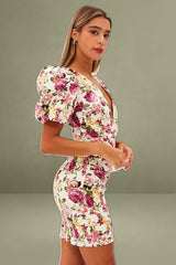 White Floral Mini Dress Puff Sleeve V-Neck