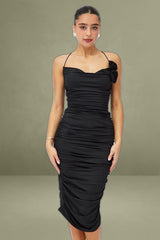 Black Bodycon Midi Dress Rose Strappy Rosette Gathered
