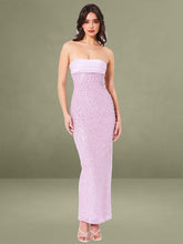 Lainey Purple Satin Sequin Pearls Beaded Maxi Dress
