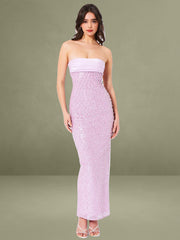 Lainey Purple Satin Sequin Pearls Beaded Maxi Dress