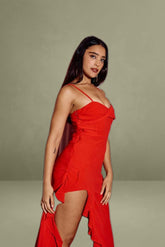 Red Maxi Bodycon Chiffon Dress with Ruffle and Slit