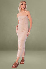 Beige Bodycon Dress Midi Strapless
