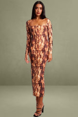 Brown Abstract Bodycon Dress Long Sleeve Square Neck Mesh