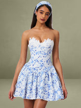 Taleah Blue Floral Print Linen Mini Dress with Lace Trim