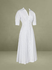 Palina Pinstripes Cotton Poplin Pleated Midi Preppy Shirt Dress