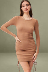 Beige Tie Back Dress Long Sleeve Mini