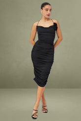 Black Bodycon Midi Dress Rose Strappy Rosette Gathered
