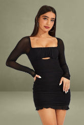 Black Bodycon Dress Ruched Mesh