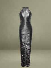 Abril Ruched Silver Glitter Backless Gown