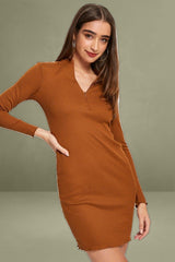 Brown Bodycon Dress Long Sleeve Mini