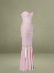 Pallas Pink Lace Trim Crochet Mermaid Maxi Dress