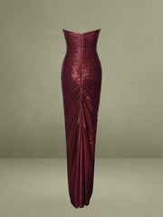 Sable Ruched Burgundy Glitter Mermaid Gown
