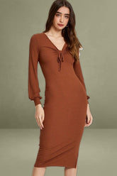 Brown Ribbed Drawstring Mid-length Dress