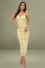 Yellow Ditsy Mesh Midi Bodycon Singlet Dress