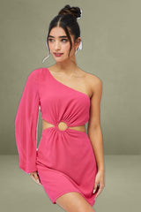 Pink Fuchsia One Shoulder Ring Detail Dress