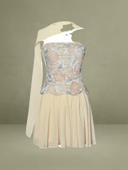 Yellow Beaded Floral Mini Chiffon Dress with Scarf