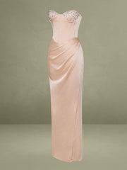 Amelia Blush Satin Corset Slit Gown With Crystal Embellished