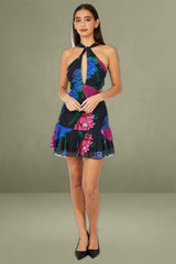 Black Floral Keyhole Mini Dress Plunging Ruffle Dress