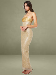 Lainey Gold Satin Sequin Pearls Beaded Maxi Dress