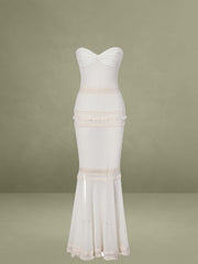 Beige Lace Trim Crochet Mermaid Maxi Dress