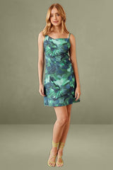 Green Print Cowl Neck Mini Dress