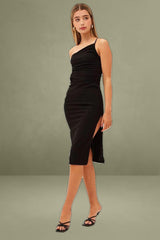 Black One Shoulder Dress Midi Bodycon