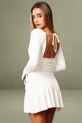 White Flared Sleeve Deep V-Neck Dress