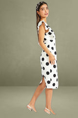 Black Polka Dot Midi Dress Plunge Ruffle Shoulder Oversized Polka