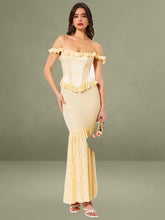 Ersilia Pale Yellow Satin Lace Peplum Corset Off Shoulder Maxi Dress