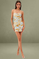 Blue Floral Mini Dress Strapless Bodycon